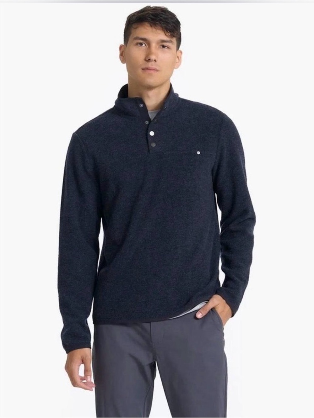 Vuori Men's Size M Venice Sweater Wool Pullover Ink Heather Snap-front placke